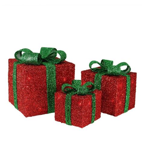 Set Of 3 Lighted Green T Boxes With Red Bows Outdoor Christmas