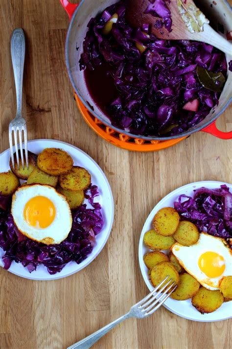 Braised Red Cabbage Golden Turmeric Potato Coins Earthy Feast