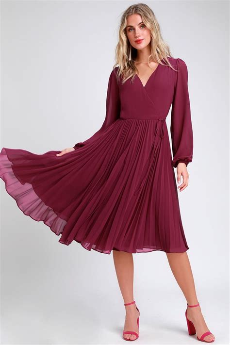 First Impression Magenta Pleated Midi Wrap Dress Dressy Fall Dresses Purple Cocktail Dress