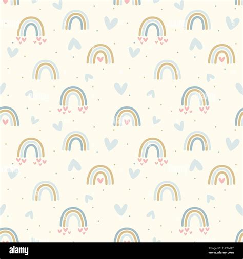 Rainbows And Hearts Pastel Seamless Pattern Rainbow Hand Drawn Doodle