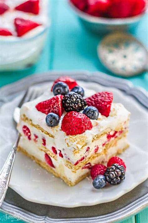 Healthy desserts is a section that includes all sorts of baking, from muffins to granola to cakes to cookies to candies. Icebox Cake with Mixed Berries - The BEST Easy No Bake Dessert