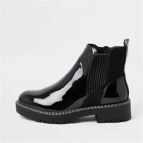 River Island Womens Black Patent Chunky Chelsea Boot Chelsea Ankle Boots Chelsea Boots Boots