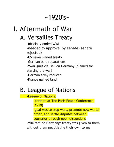 Us History Notes The 1920s I Aftermath Of War A Versailles Treaty