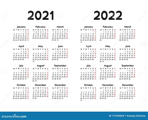 Calendar 2021 And 2022 Week Starts On Monday Basic Business Template