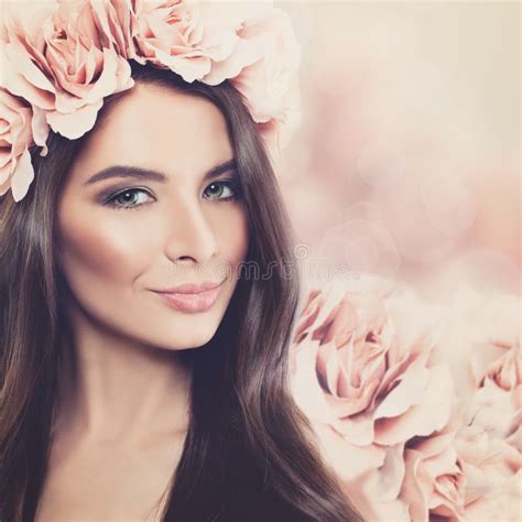 Beautiful Woman With Long Hair Makeup And Rose Flower Wreath Stock