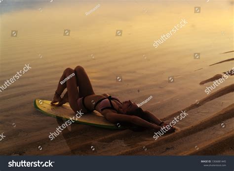 Silhouette Sexy Girl Swimsuit Lying Posing Stock Photo 1306881445