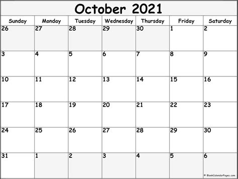 October 2021 Blank Calendar Templates