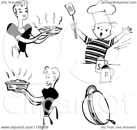 Clipart Of Black And White Retro Housewifes And Boy Cooking Royalty
