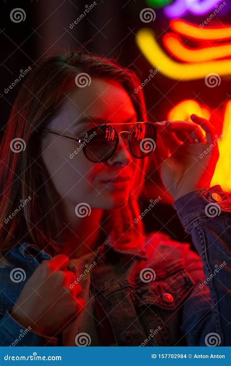 Portrait Of A Girl In Neon Lighting With Glasses Creative Light