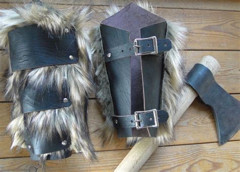 Leather And Fur Barbarian Bracers Viking Warrior Faux Wolf Fur Arm