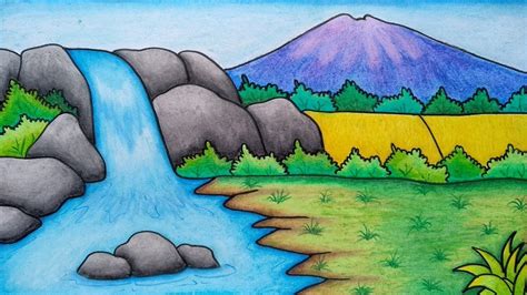 menggambar pemandangan gunung  air terjun belajar menggambar