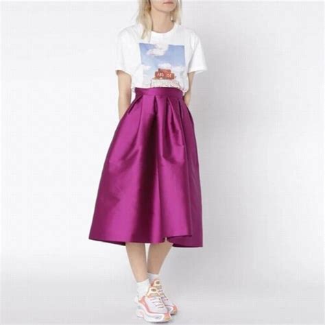Pretty Purple Satin Skirts Graceful A Line Invisible Zipper Waist Pleated Tea Length Skirt For