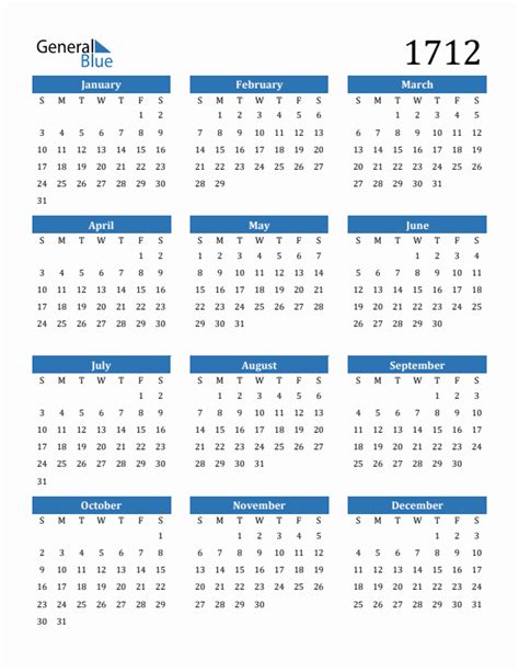 1712 Yearly Calendar