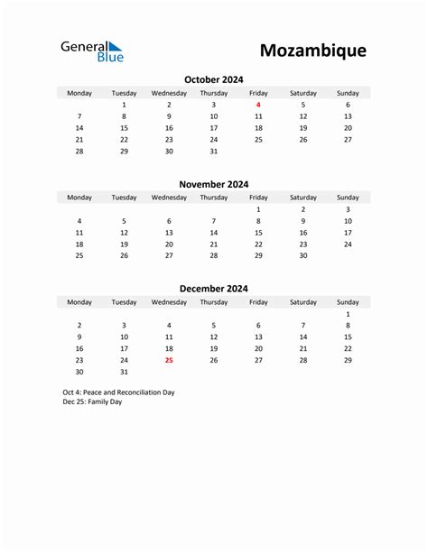 Printable Quarterly Calendar With Notes And Mozambique Holidays Q4 Of 2024