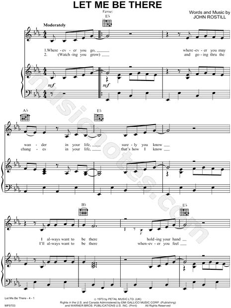Olivia Newton John Let Me Be There Sheet Music In Eb