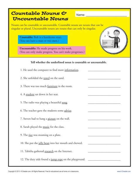 Countable And Uncountable Nouns Free Worksheets Samples