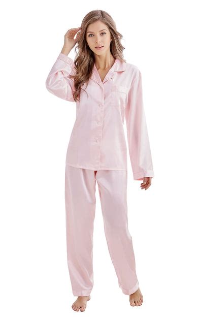 women s silk satin pajama set long sleeve light pink with white piping tony and candice