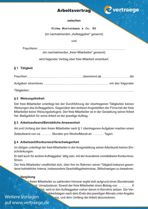 Der mustervertrag ist nur ein vorschlag für eine mögliche regelung. Muster Vertrag freie Mitarbeiter - Vertraege.de