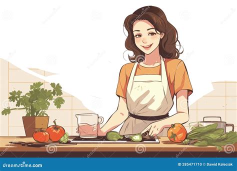 Hand Drawn Young Woman Cooking In The Kitchen Stock Illustration