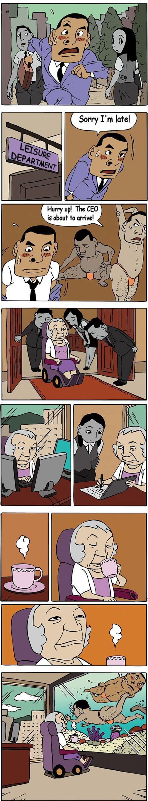 the comic strip shows an older man and woman talking to each other