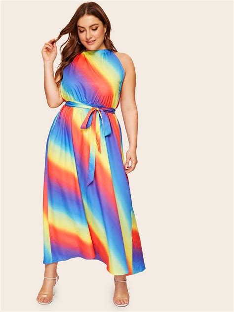 Plus Halterneck Rainbow Ombre Dress With Belt Shein Usa Dress Out