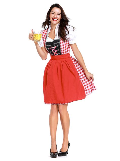 Bier Mädchen Kostüm Rot Plaid Plissee Schürze Polyester Karneval Kostüm Feiertage Kleid