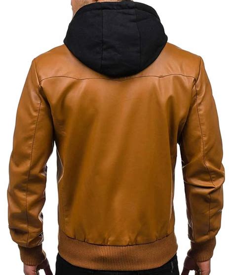 Mens Causal Bomber Camel Brown Leather Jacket With Hoodie Jackets