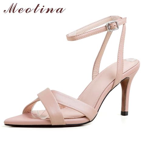 Meotina Summer Sandals Women Shoes Natural Genuine Leather Thin High Heel Ankle Strap Shoes Real