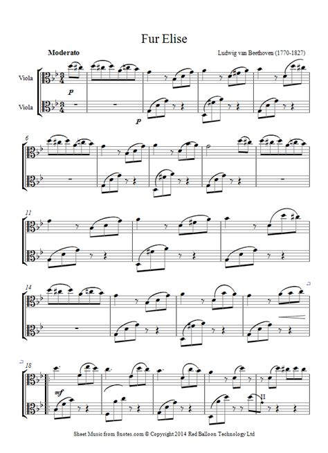This composition is a popular name for bagatelle in a minor, woo 59, a solo piano music by ludwig van beethoven, written april 27, 1810. Beethoven - Fur Elise sheet music for Viola Duet - 8notes.com