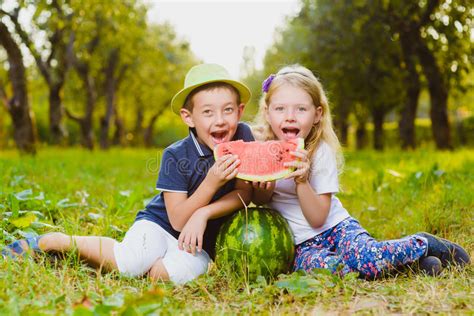 Funny Kids Taste Watermelon Child Healthy Eating Stock