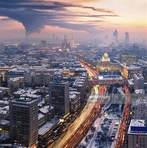 Winter Moscow Cityscape At Sunset Aerial View High Res Stock Photo