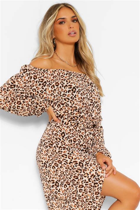 Leopard Print Off The Shoulder Midi Dress Boohoo
