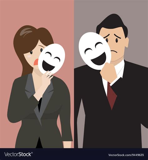 Business Man And Woman Holding A Fake Mask Vector Image