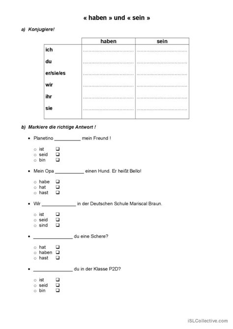 Konjugation Sein Und Haben Im Präsen Deutsch Daf Arbeitsblätter Pdf And Doc