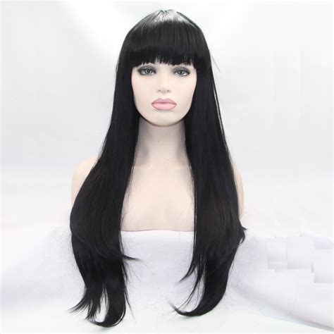 Sylvia Natural Black Hair Wig Long Straight Synthetic Lace Front Wig With Bangs Heat Resistant
