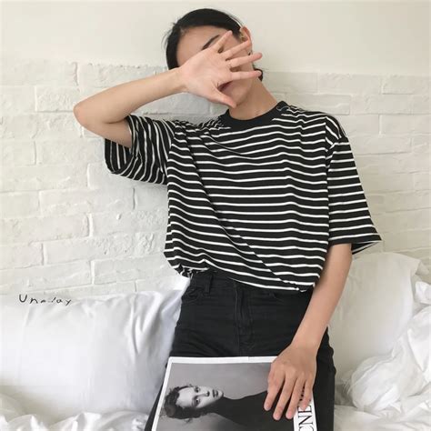 Yougeman Woman Summer Tee Shirt Korean Style Ulzzang Harajuku Striped Short Sleeve O Neck T