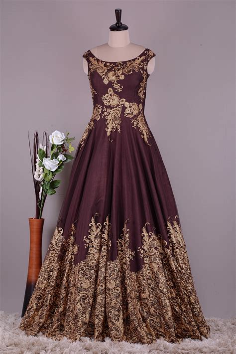 Umber Brown Cutdana Embroidered Raw Silk Evening Gown Vh4406 Gowns