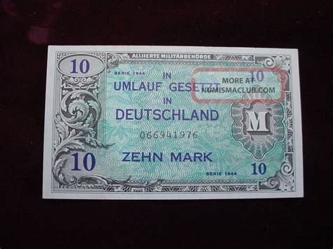 1944 Germany10 Mark Allied Military Currency Scwpm 194a About Uncirculated