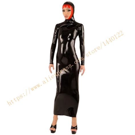 Latex Long Women Dress Rubber Fetish Female Dresses With Hood Black
