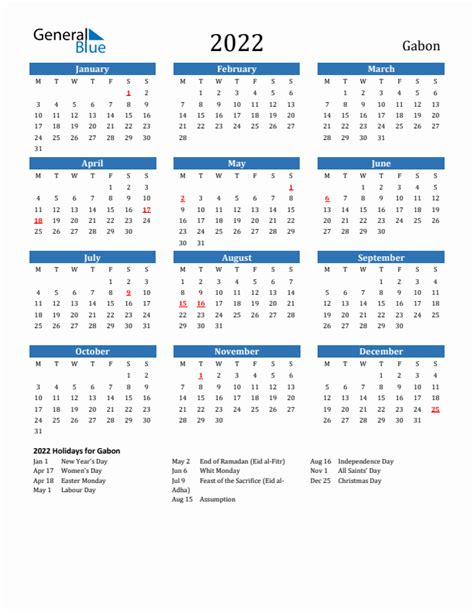 2022 Holiday Calendar For Gabon Monday Start