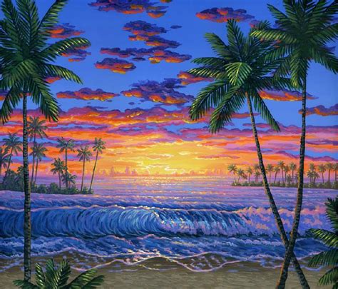 Hawaiian Beach At Sunset Painting Tropical Art Ocean Picture