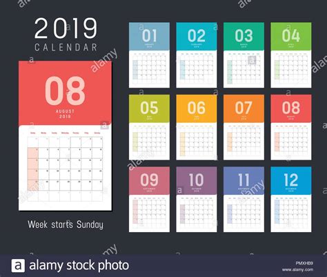 Year 2019 Colorful Calendar Weeks Start Sunday Vector Template Stock