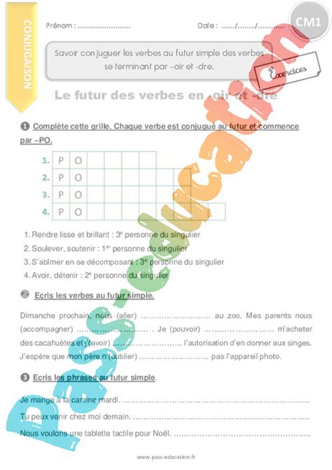 Exercices de conjugaison au cm1 faits par une institutrice. Exercice Futur de l'indicatif : CM1 - Cycle 3