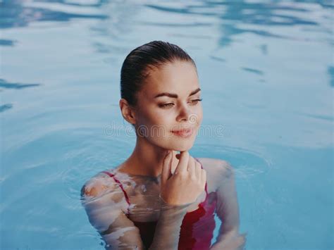 Pretty Woman Swimming In The Pool Smile Attractive Look Close Up Stock