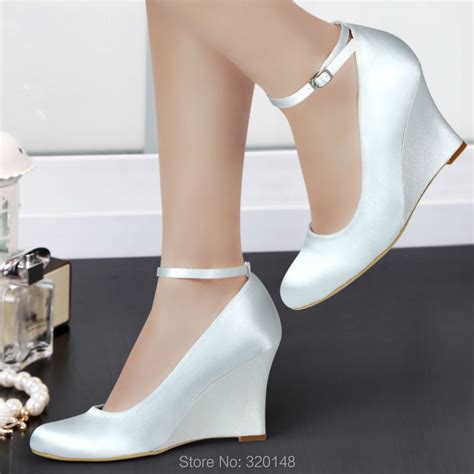 Woman Wedges White Ivory High Heel Ankle Strap Pumps Round Toe Satin