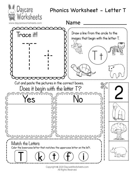 Free Printable Letter T Beginning Sounds Phonics Worksheet for Preschool