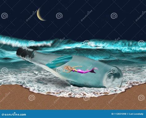 Mermaid In A Bottle Washed Up On The Beach Stock Illustration
