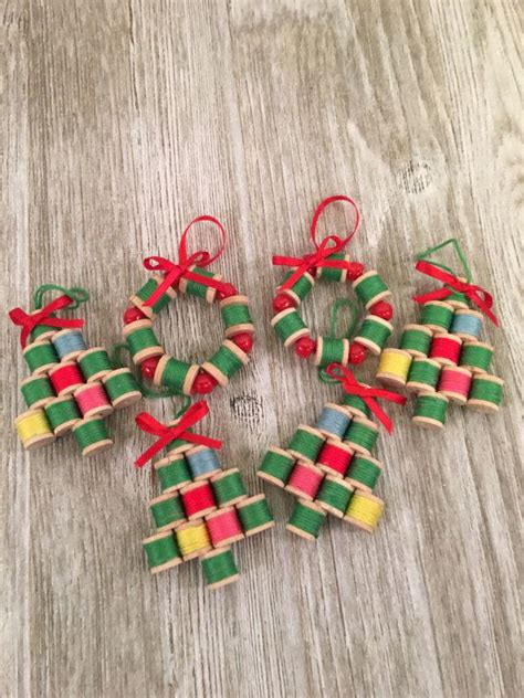 6 Vintage Wooden Thread Spool Sewing Christmas Tree Ornaments Spool