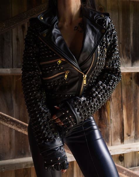 Made in the usa with italian lambskin. Black Studded Gold Zipper Biker Genuine Leather Jacket ...
