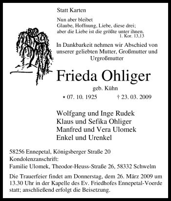 Traueranzeigen Von Frieda Ohliger Trauer In Nrw De